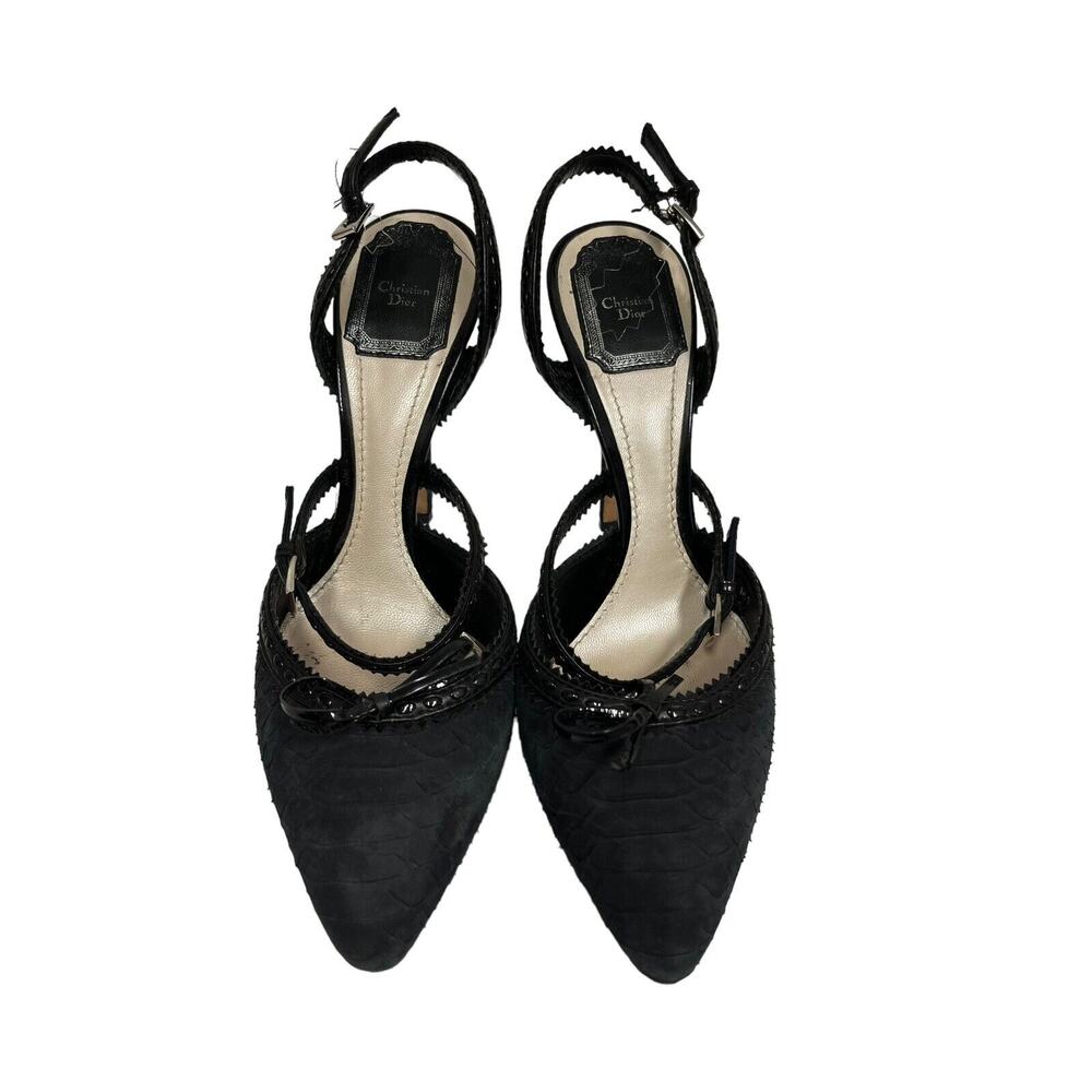 CHRISTIAN DIOR Black Suede Snakeskin Leather Trim Bow Slingback Heels Size 37.5 - Picture 5 of 9